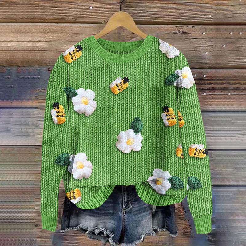 Flower And Bee Print Knitted Pullover Sweater