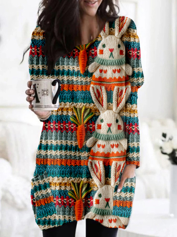 Vintage Knitted Bunny and Carrot Pattern Cozy Sweater