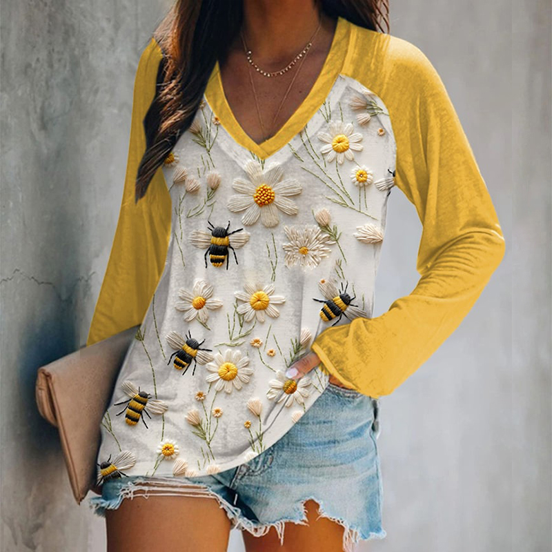 Daisy Bee Embroidery Art Print V-Neck T-Shirt