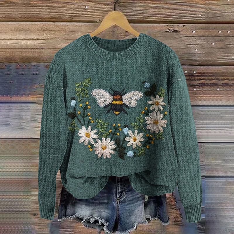 Daisy Bee Embroidery Printed Cozy Knit Sweater