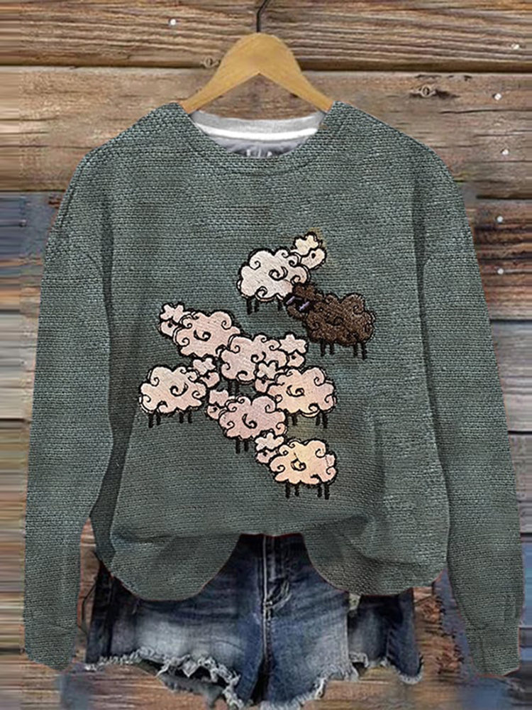 Sheep Print Crew Neck Long Sleeve Sweatshirt