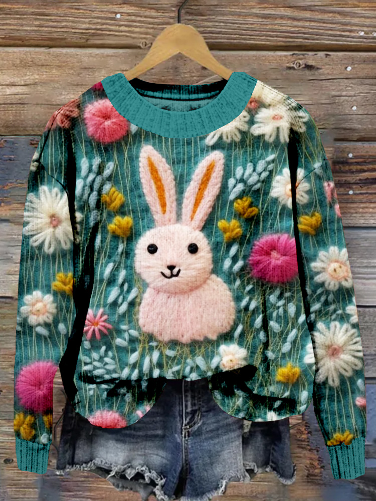 Cute Bunny and Flowers Felt Art Cozy Knit Sweater