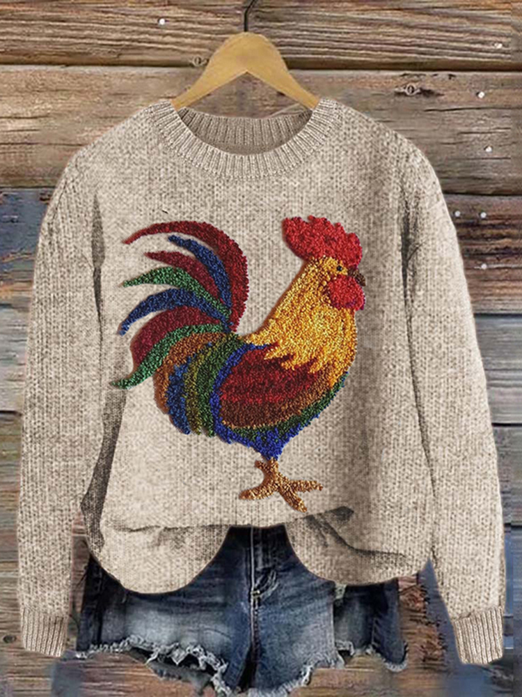Chicken Cute Pattern Crew Neck Cozy Knit Sweater