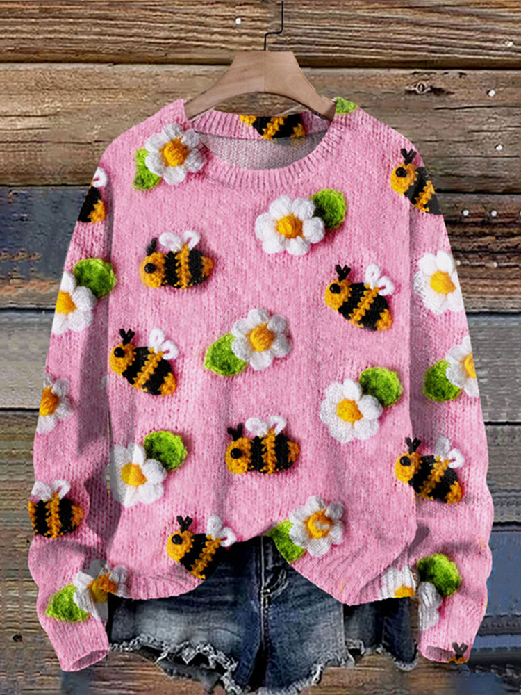 Bee Flower Print Knit Pullover Sweater