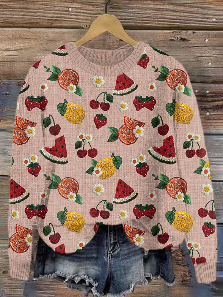 Fruit Pattern Embroidery Art Cozy Knit Sweater