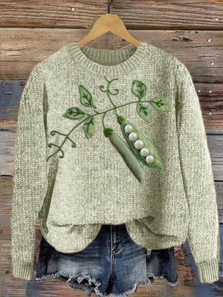 Peas Pearl Beaded Embroidery Art Cozy Knit Sweater