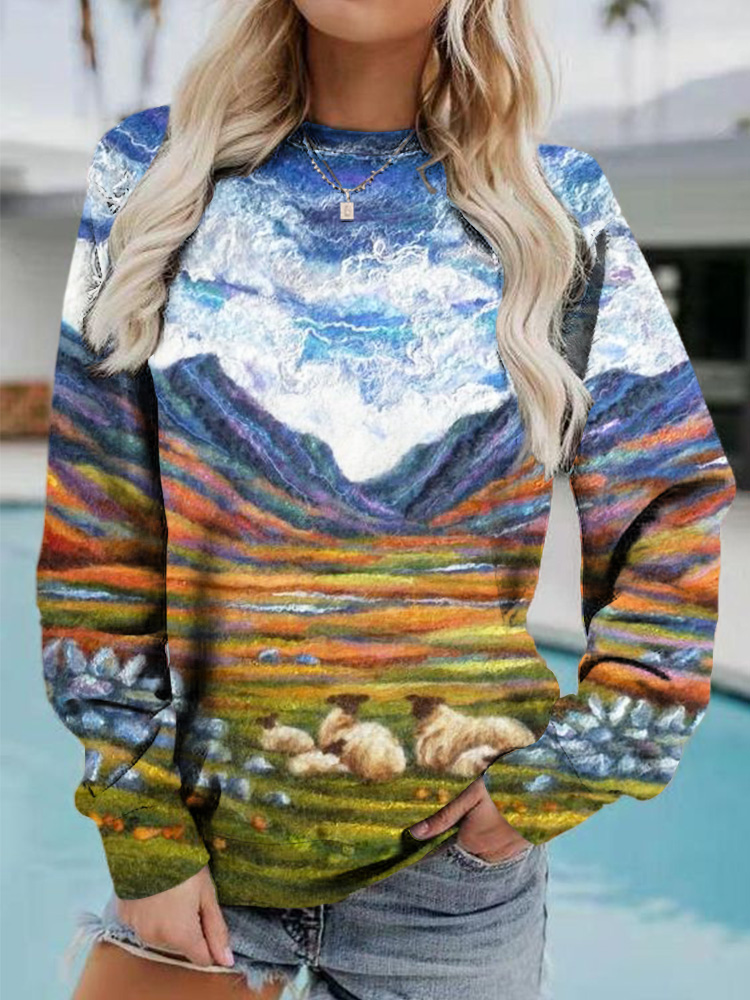 Sheep Grazing Landscape Felt Art Comfy Sweatshirt