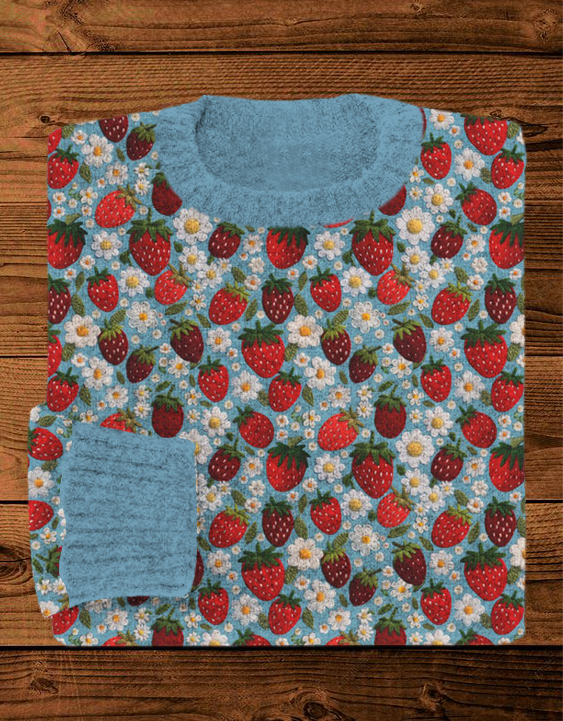 Felt Strawberries and Flowers Embroidered Cozy Knit Sweater