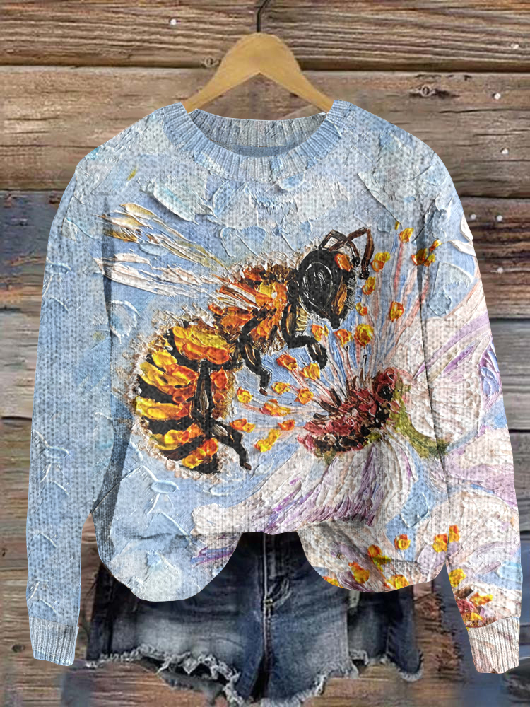 Bee Oil Painting Print Knitted Sweater