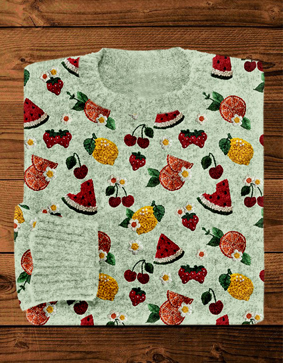 Fruits Embroidery Art Crew Neck Cozy Knit Sweater