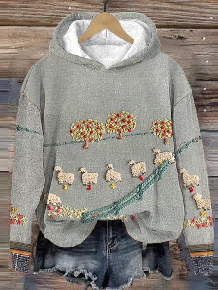 Vintage Counting Sheep Print Casual Hoodie