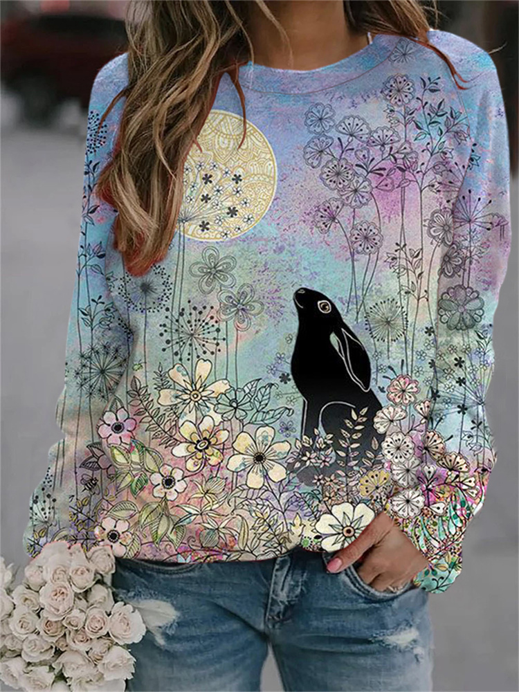 Easter Bunny & Floral Print Cozy Sweatshirt