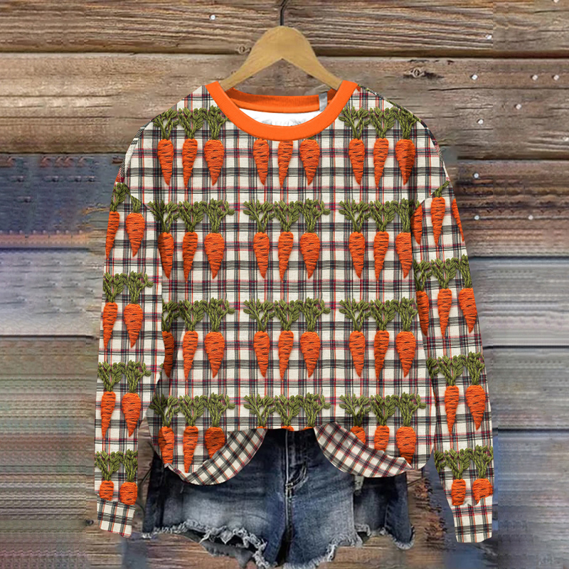 Plaid Carrot Print Crew Neck Casual Sweatshirt