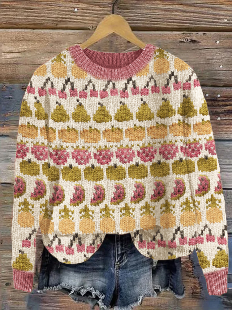 Fruits Inspired Vintage Pattern Cozy Knit Sweater