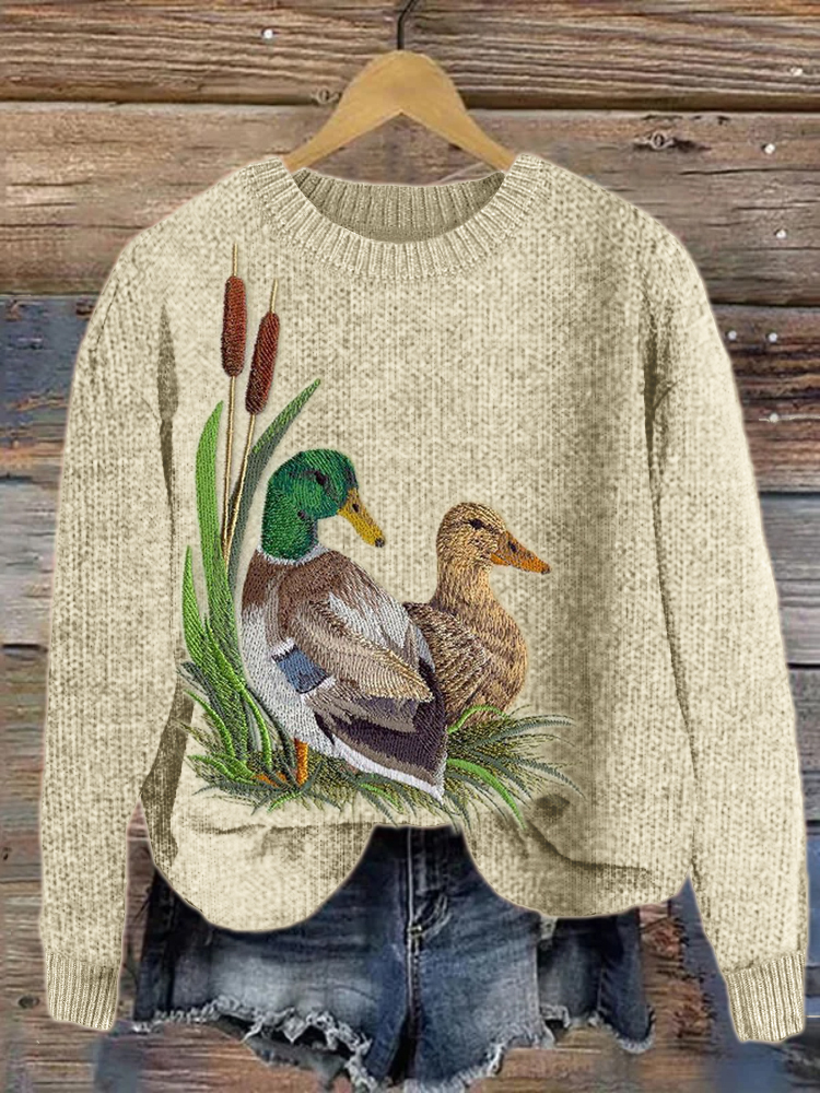 Wild Ducks Embroidery Art Cozy Knit Sweater