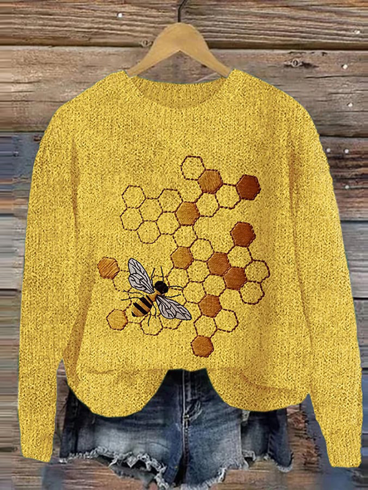 Bee Print Knitted Pullover Sweater