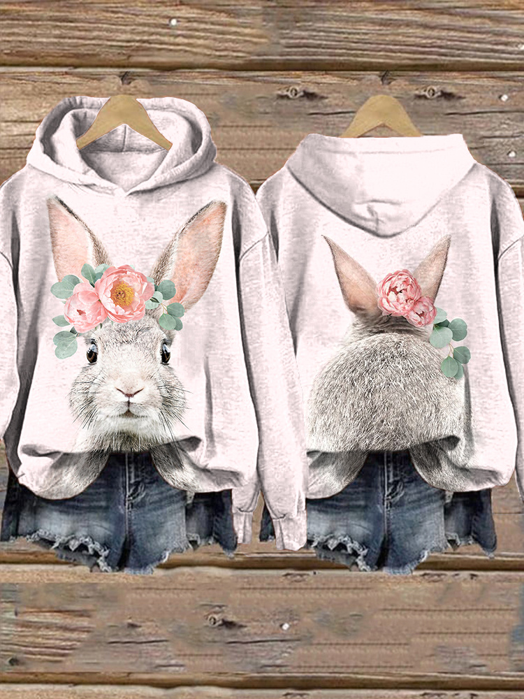 Bunny & Flower Art Painting Casual Cozy Hoodie