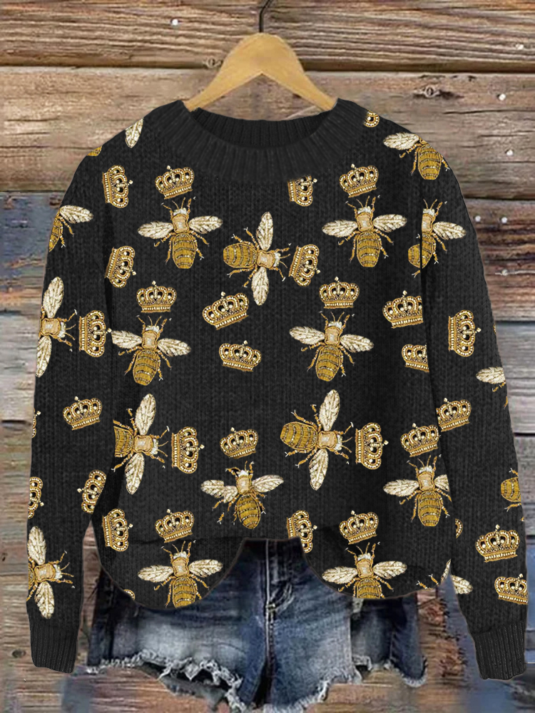 Crown Bee Pattern Cozy Knit Sweater