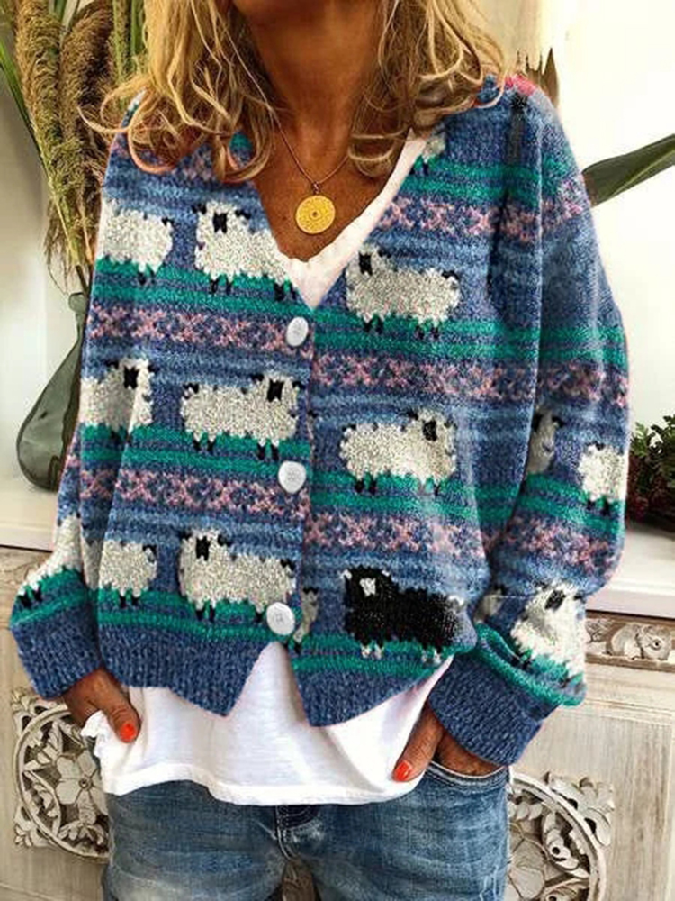 Women's Lovely Sheep Animal Sheep Print Cardigan