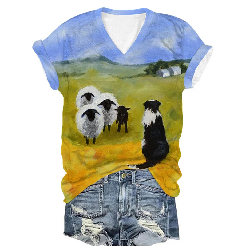 Womens Sheepdog And Sheep Print V-Neck T-Shirt