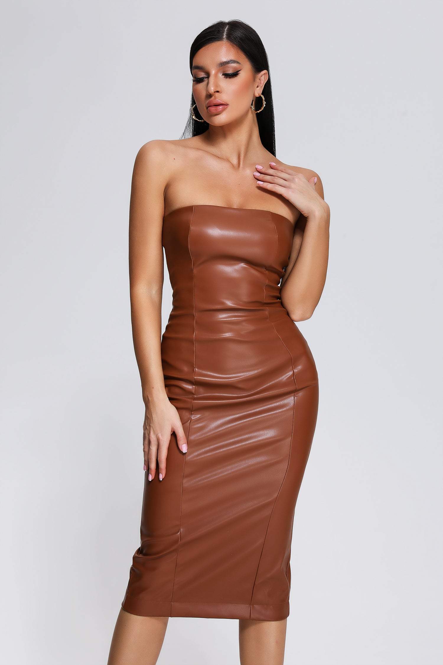 Grasa Strapless Leather Midi Dress
