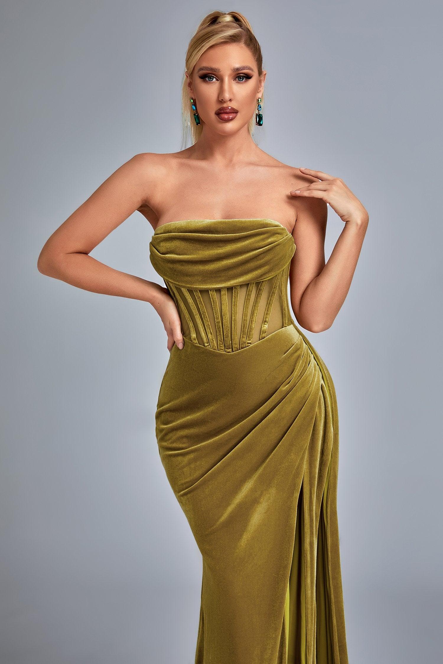 Lamva Corset Velvet Slit Maxi Dress - Yellow