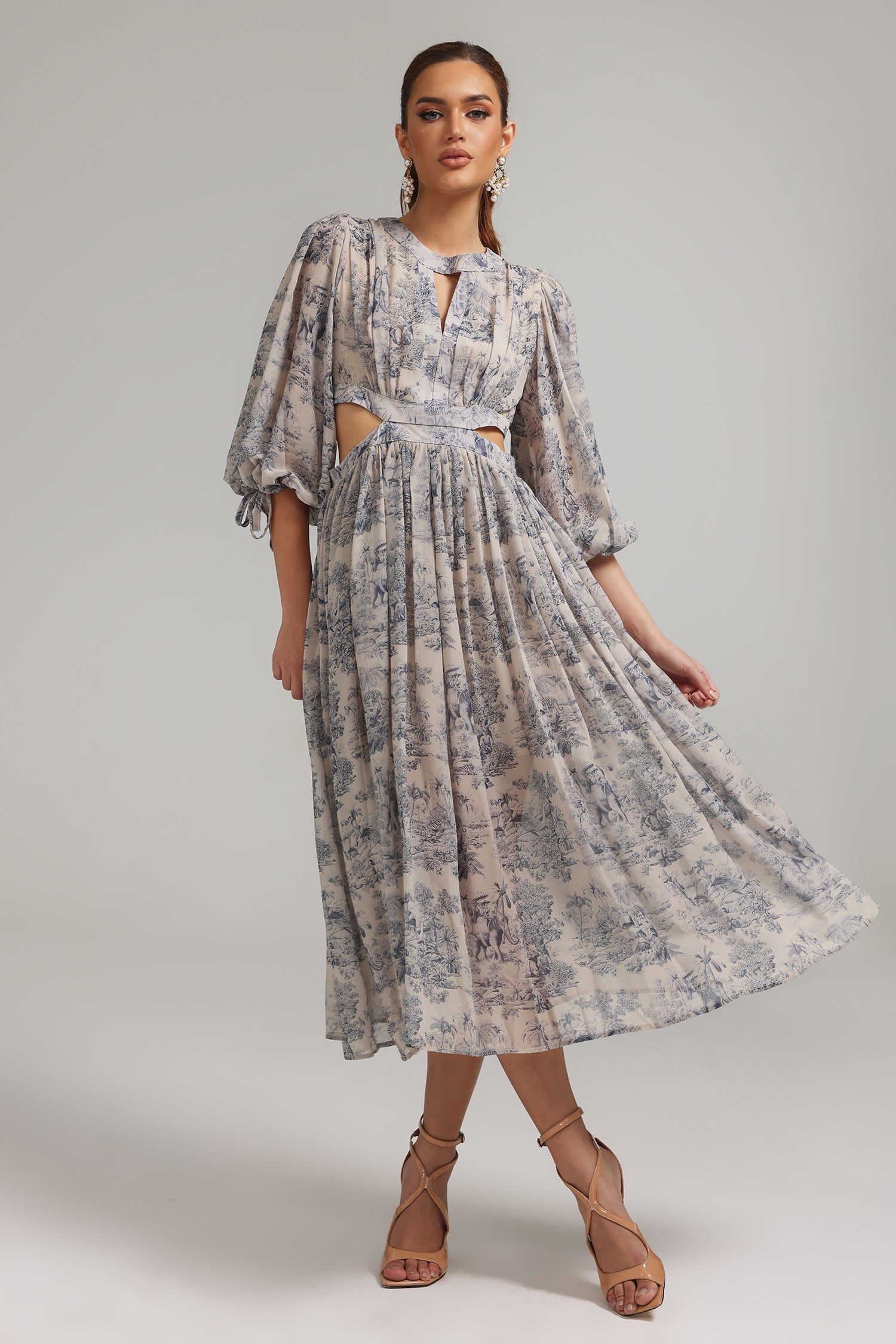 Zenobia Lantern Sleeves Cutout Printed  Dress