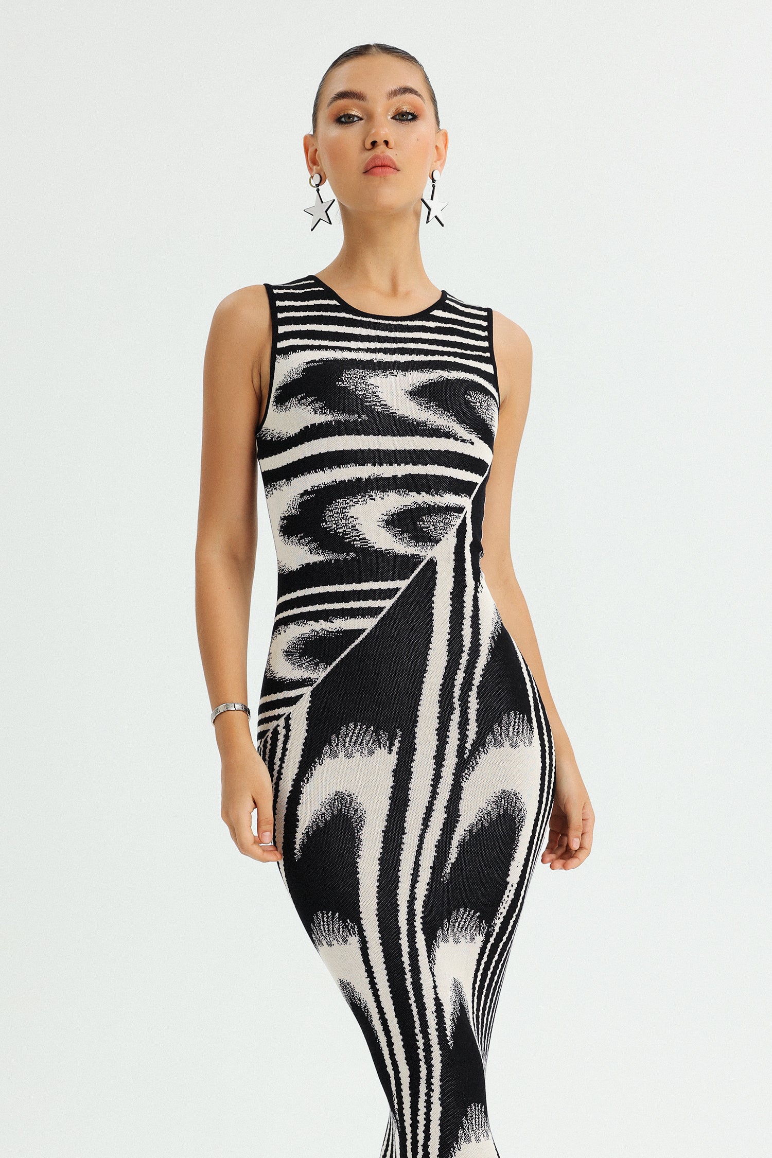 See Printed Knitted Dress - Black
