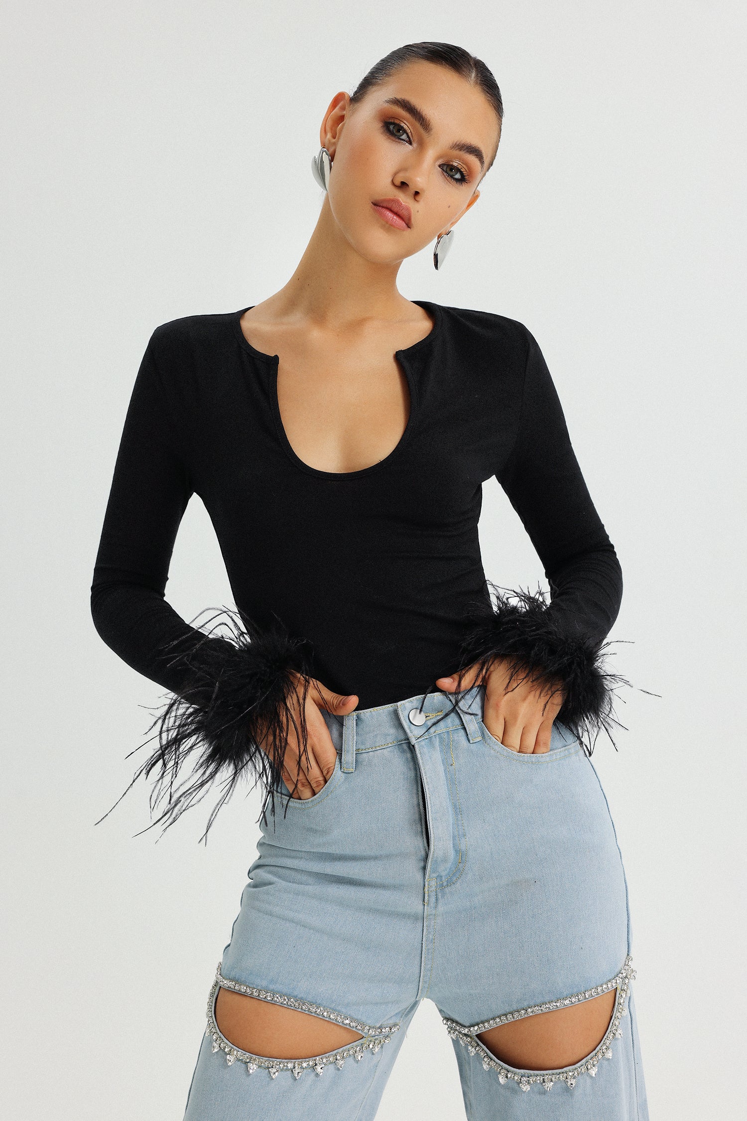 Takila Low-Neck Feather Top