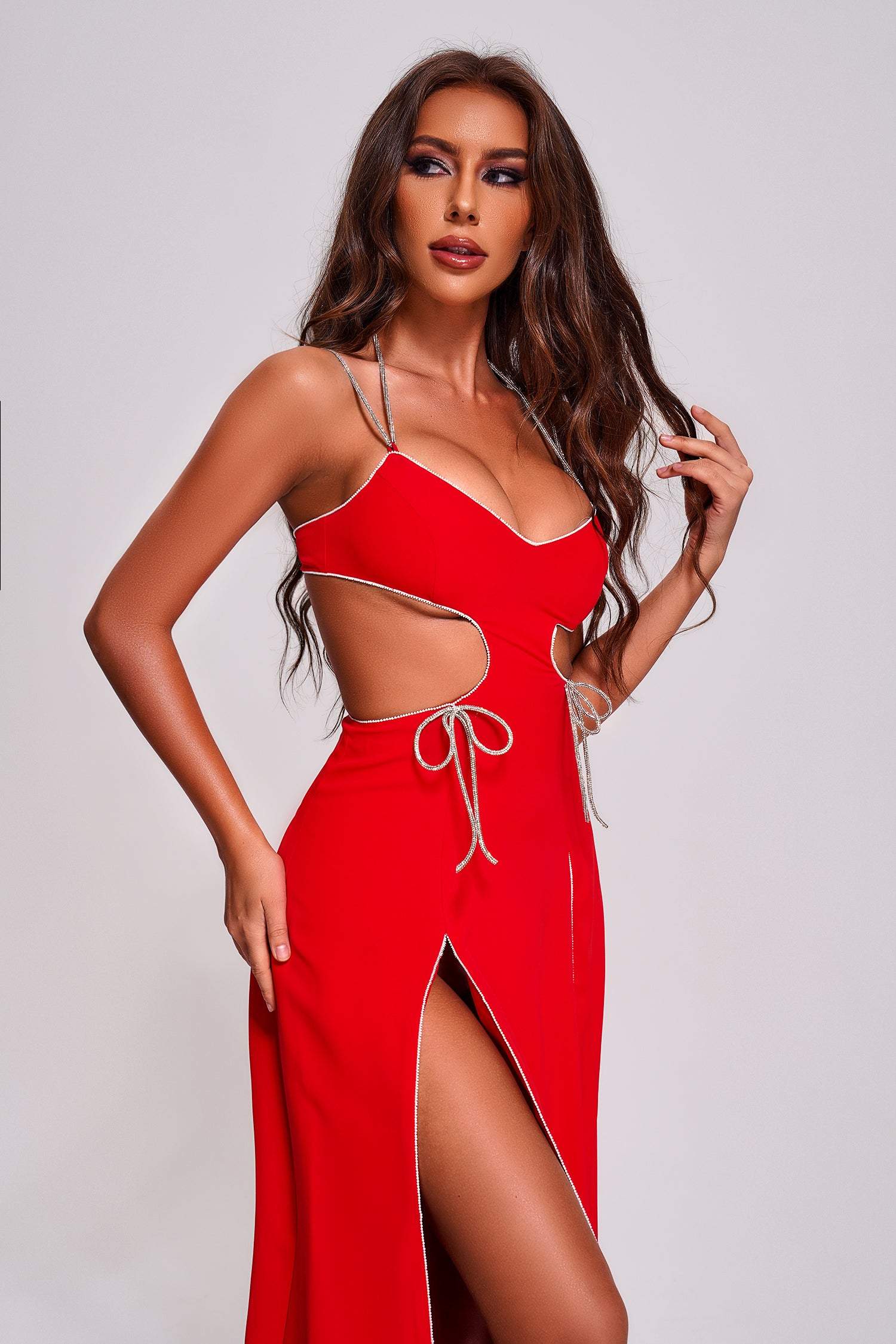Isabeau Diamante Cutout Slit Maxi Dress