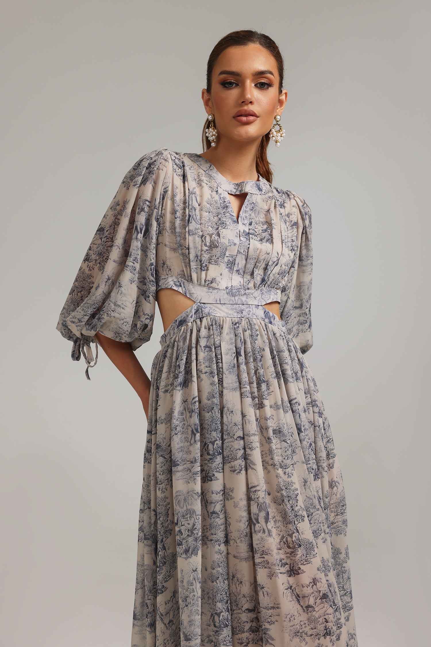 Zenobia Lantern Sleeves Cutout Printed  Dress