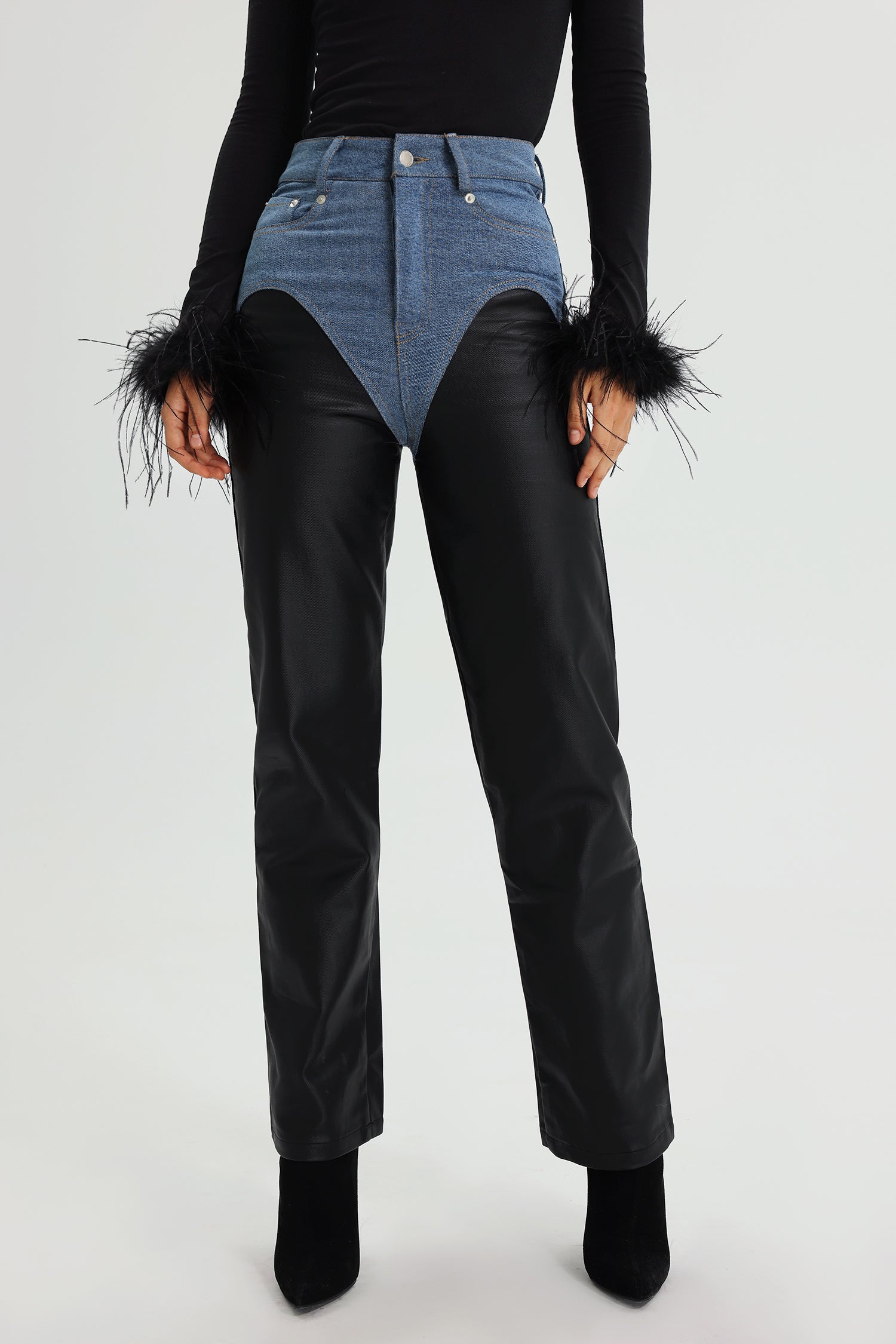 Ogani Denim Patchwork Eco-Leather Pants