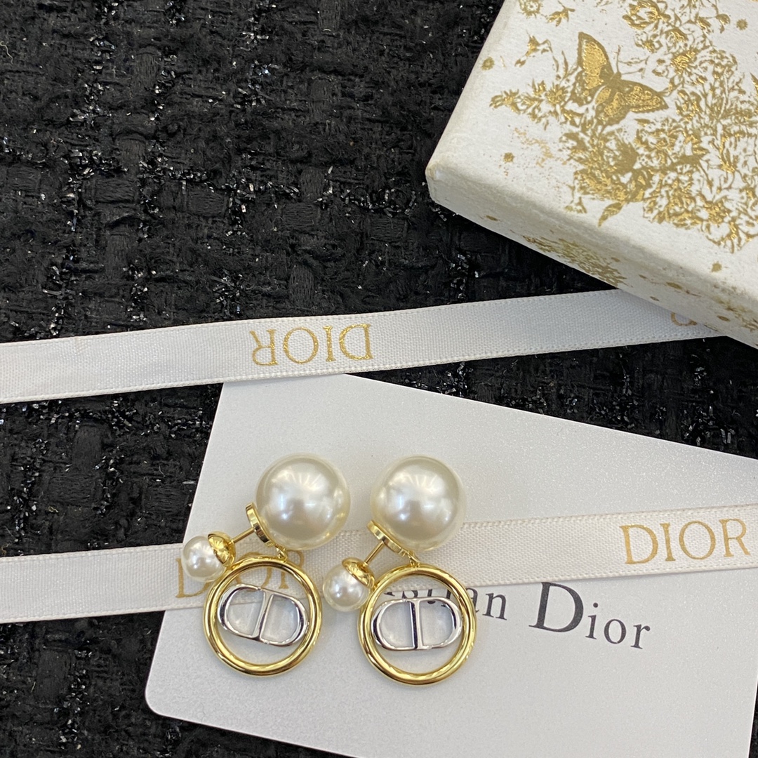 Dior Double Bead Round White Gold CD Pendant Stud Earrings