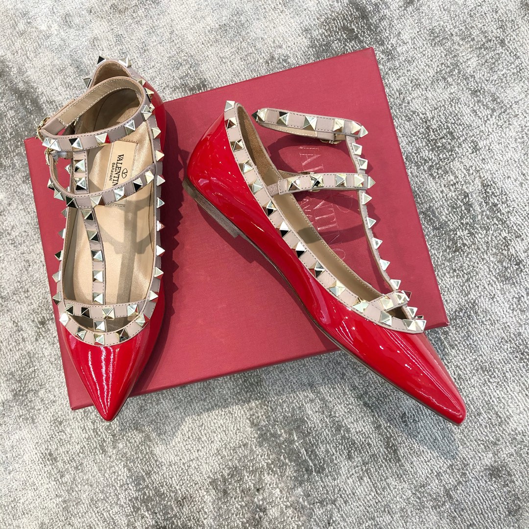 Valentino VT Collection Two Strap Flats Patent Leather Red