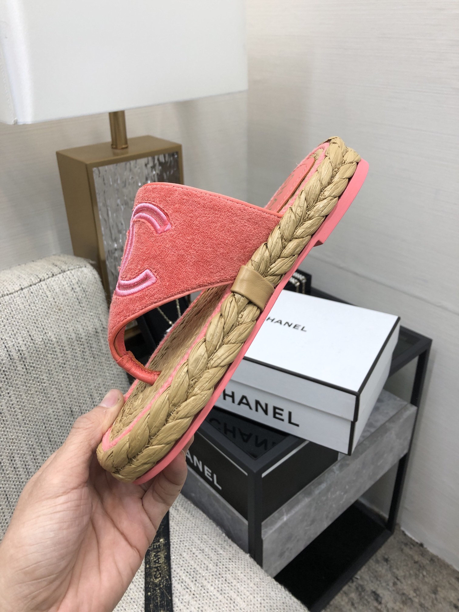 CHANEL 2022 knitted flip-flops fashionable and versatile series Imported custom towel fabric