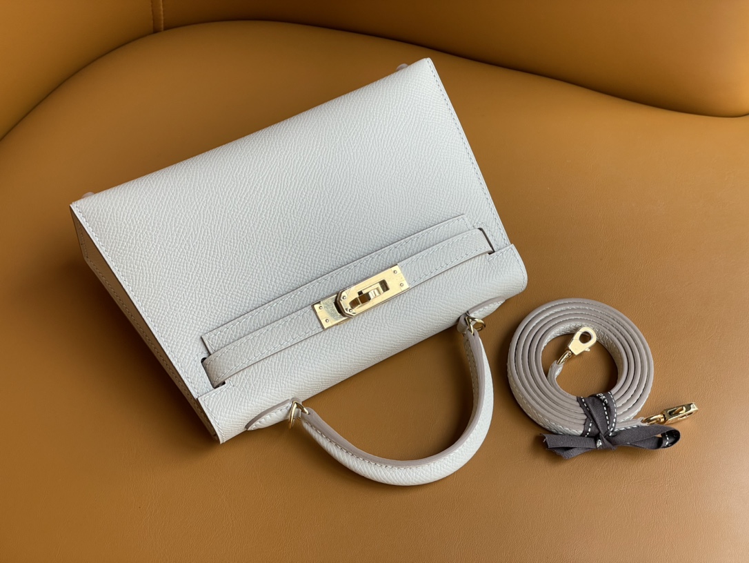 Mini Kelly second generation milkshake white gold buckle epsom leather