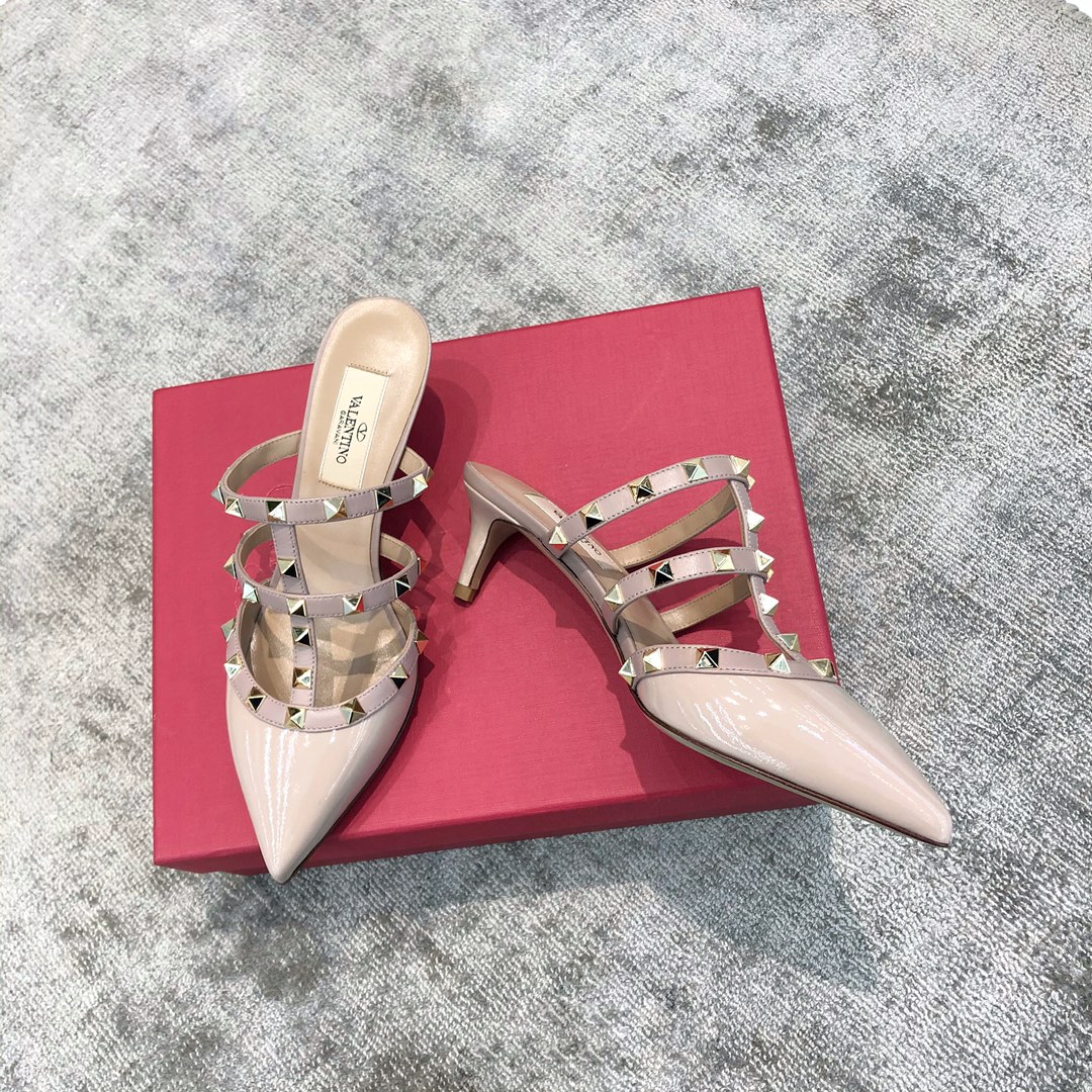 Valentino VT Collection Triple Strap Mid Heel Slipper 6.5CM Patent Leather Nude Pink