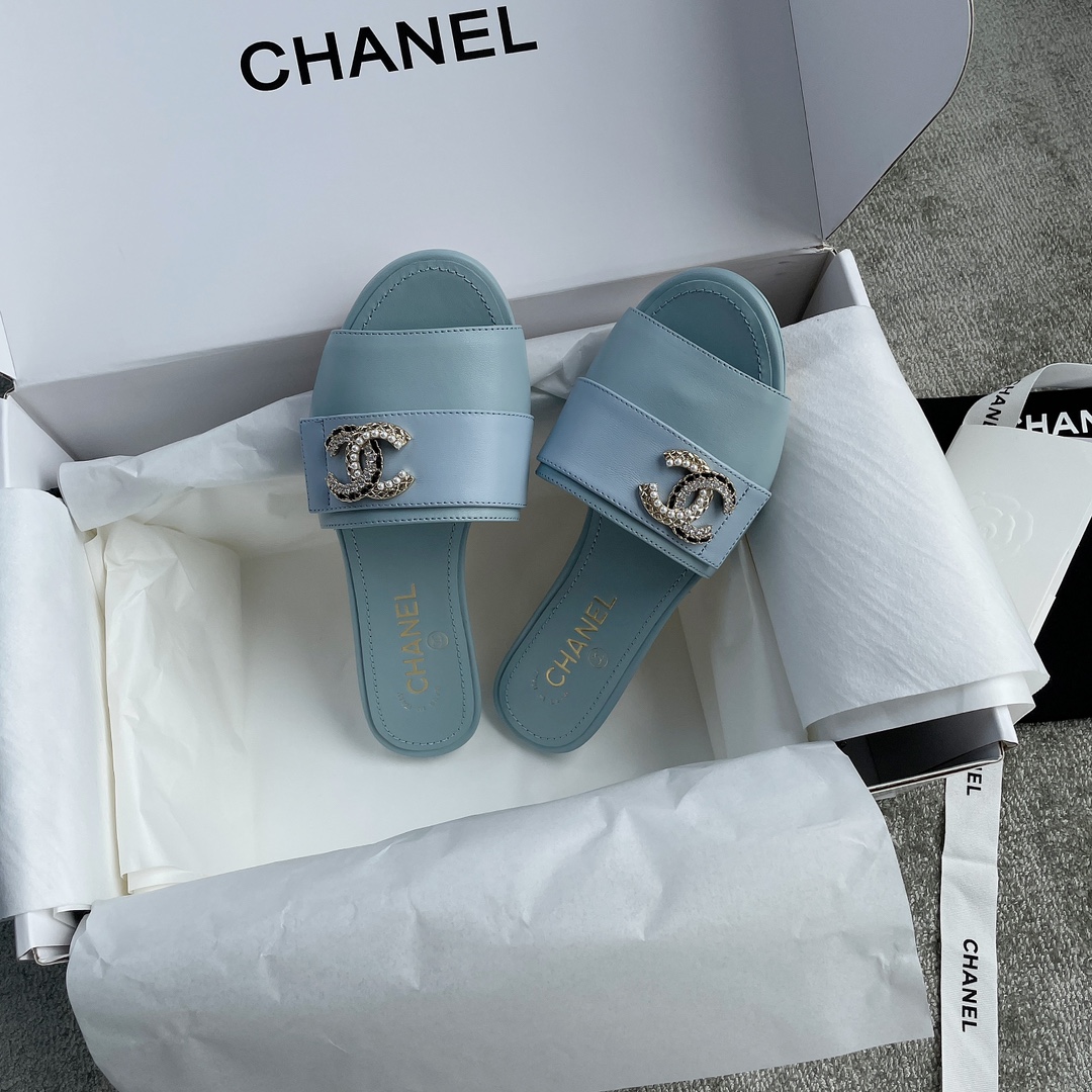 CHANEL Chanel slippers pearl leather strips and small diamond combination imported A grade sheepskin