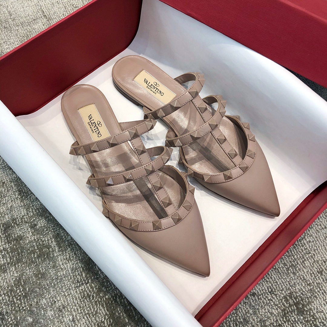 Valentino VT Three Strap Flat Heel Slipper Nude Pink