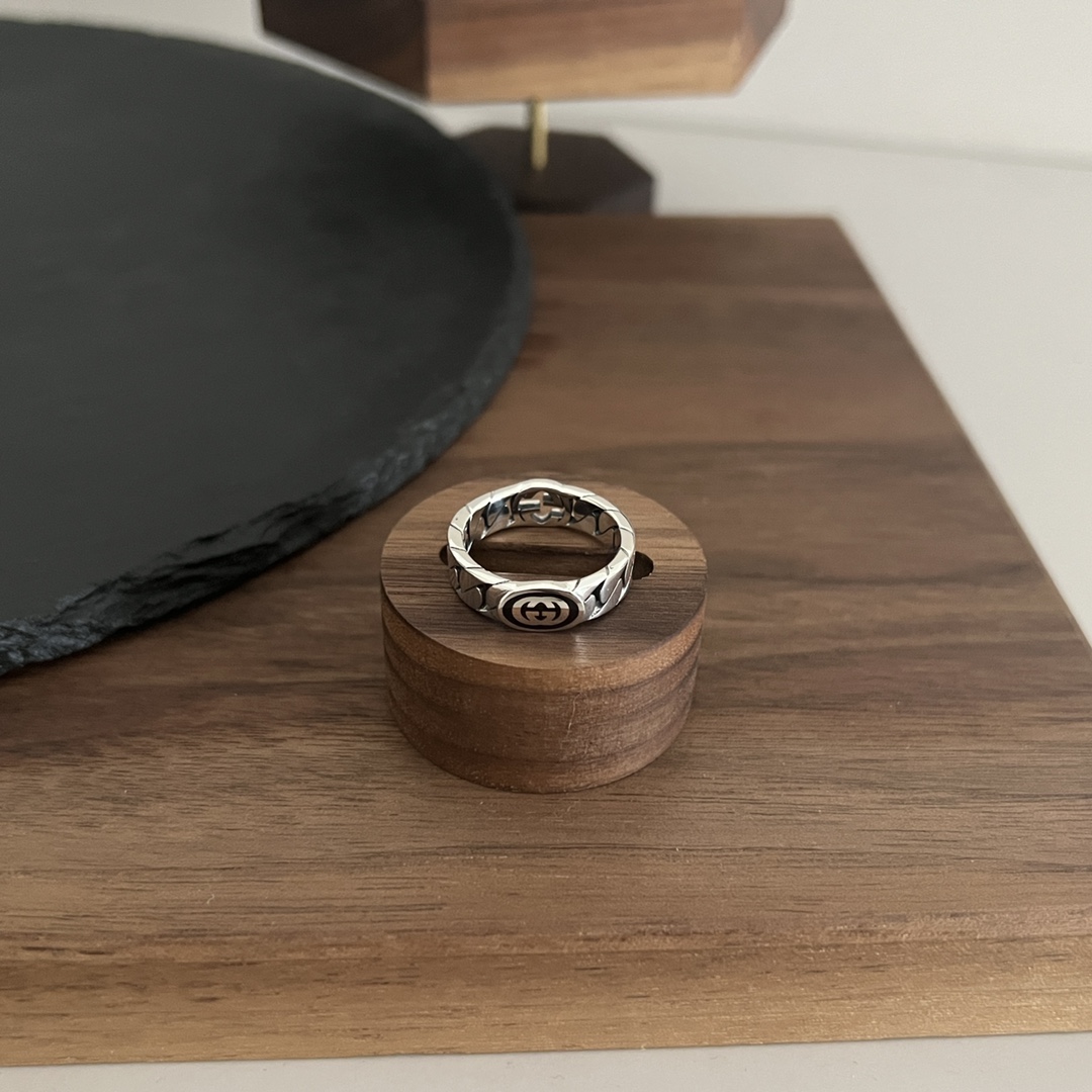 𝐆𝐮𝐜𝐜𝐢 925 sterling silver interlocking double G black enamel ring Size: 12# 14# 16# 18# 20# 22#