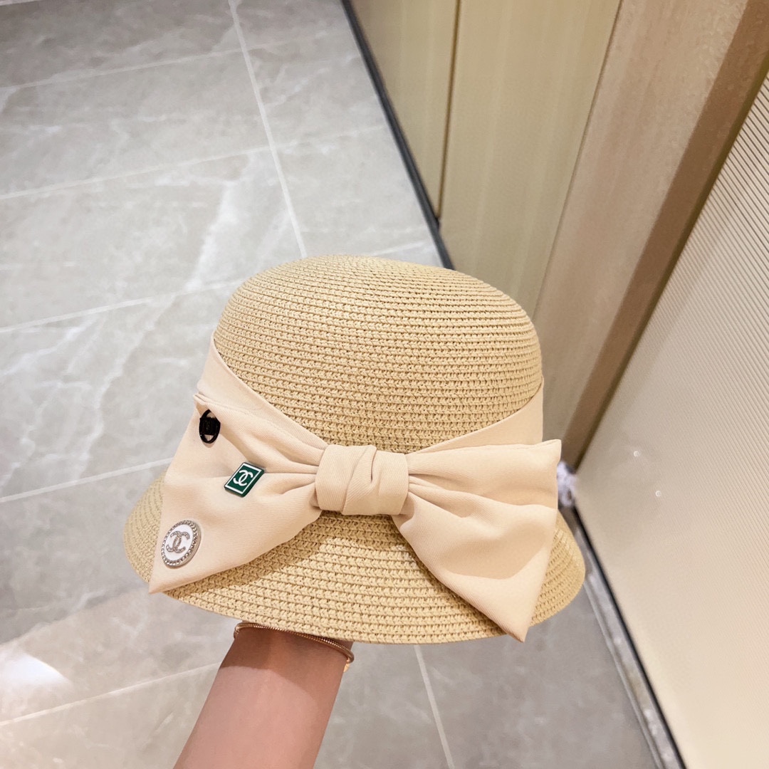 Chanel Bow Thick Woven Pot Hat Straw Hat