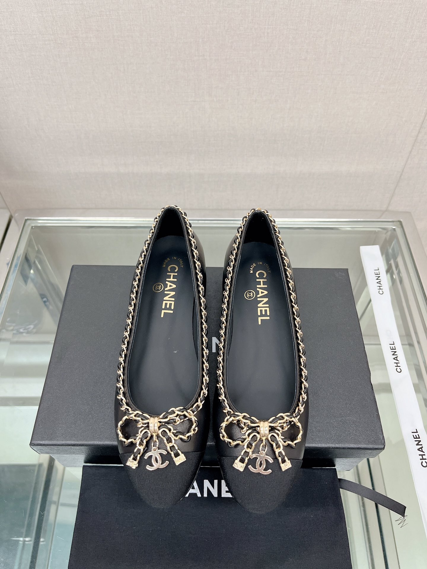 CHANEL 23Ss chain bow flat single shoes imported lambskin sheepskin lining