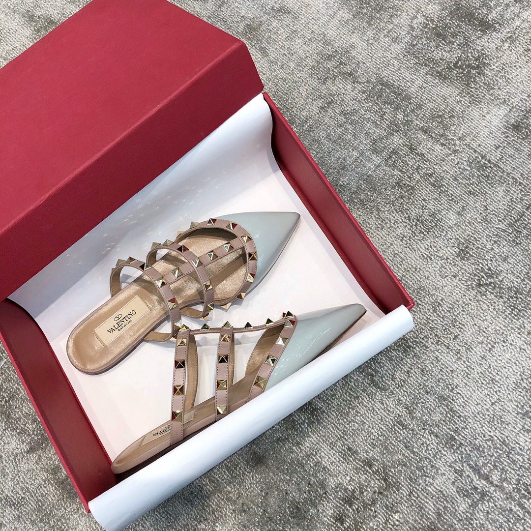 Valentino VT Collection Three Strap Flat Heel Slipper Patent Leather Blue