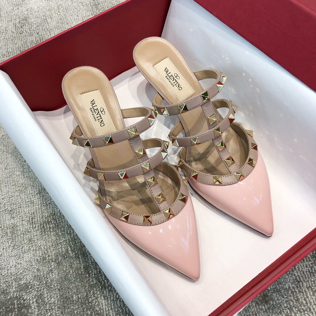 Valentino VT Collection Triple Strap Mid Heel Slipper 6.5CM Patent Leather Pink