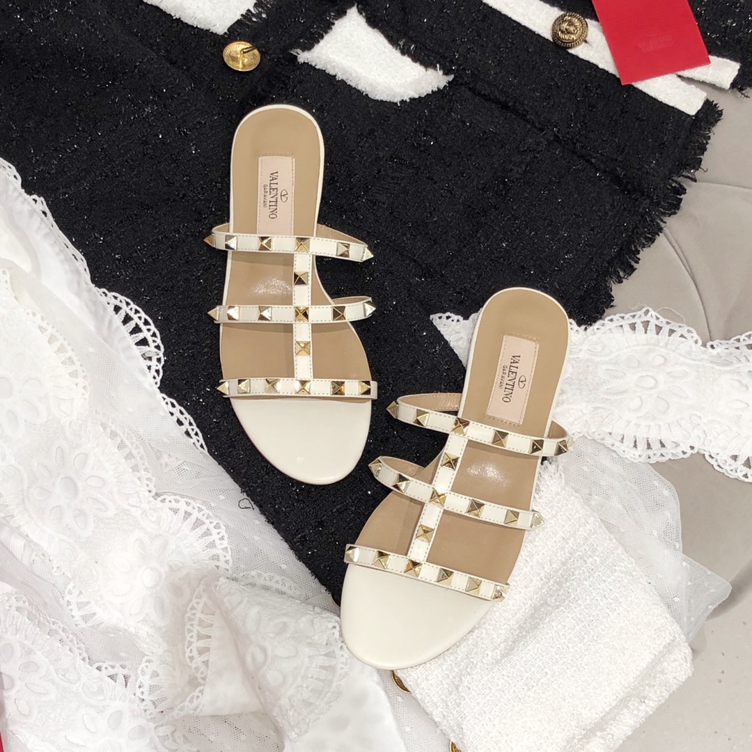【Valentino】Valentino top version matte white 3 strap flat slippers