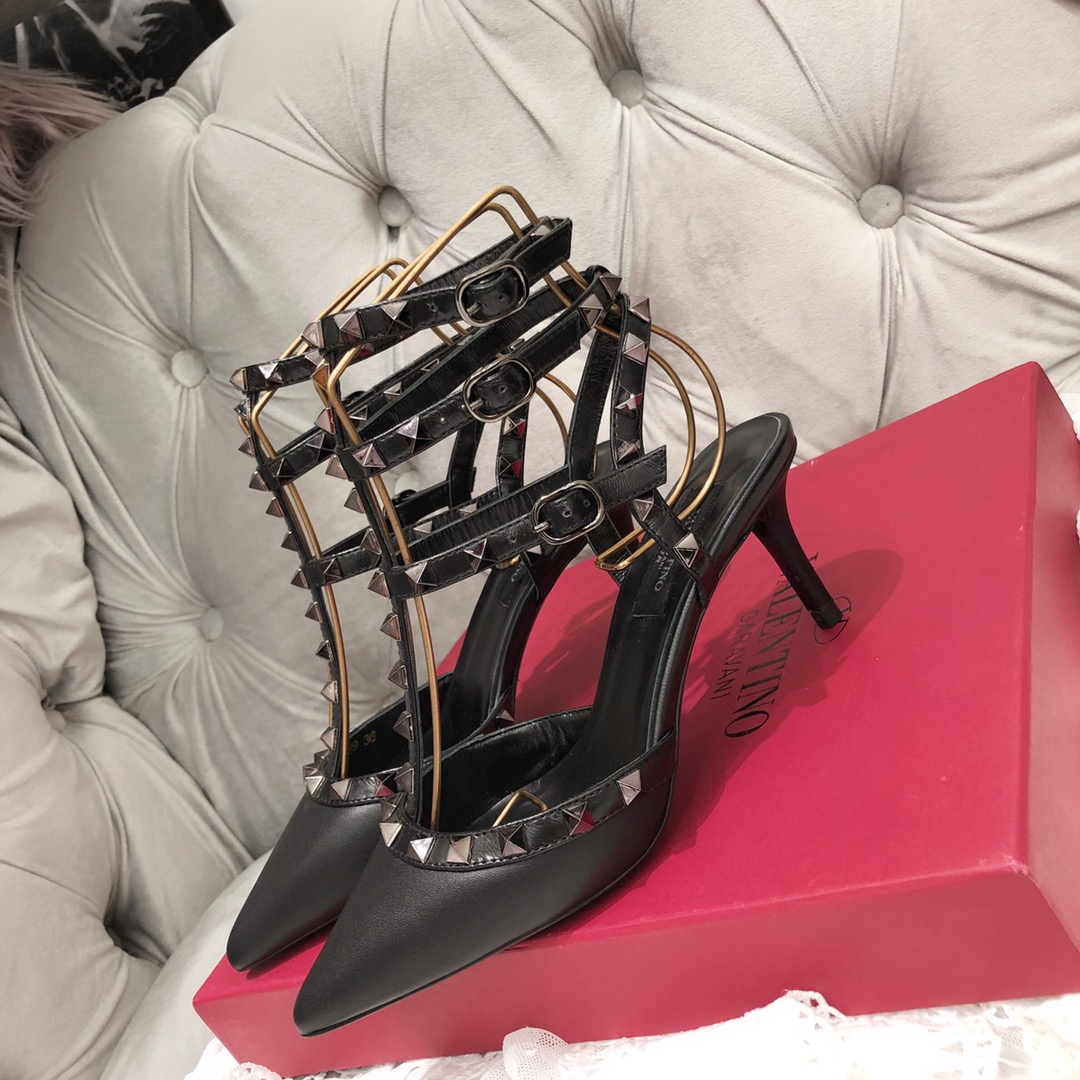 【Valentino】Valentino Valentino top version all black patent leather 3 straps 6.5cm high heels