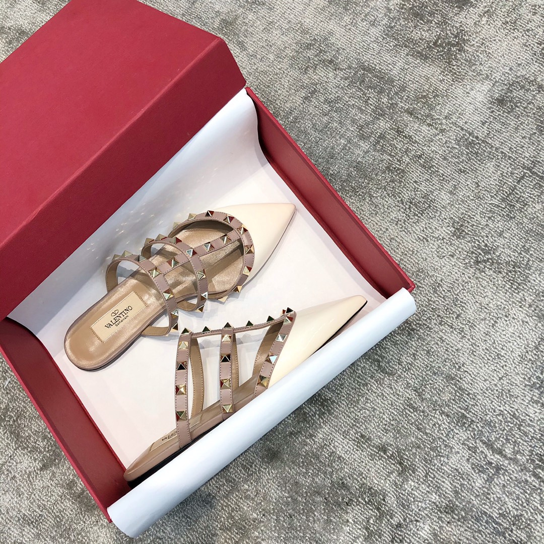 Valentino VT Collection Three Strap Flat Heel Slipper Patent Leather White