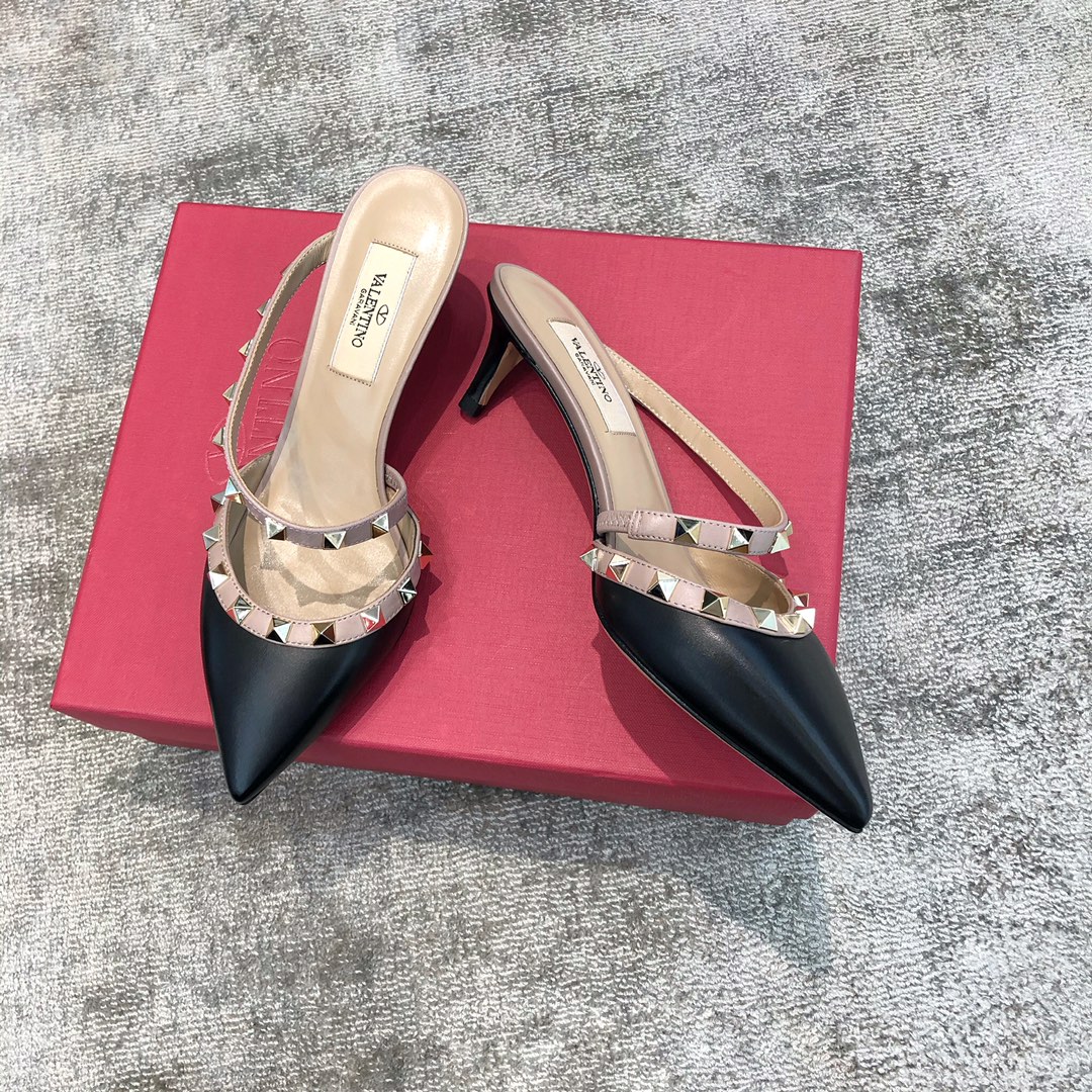 Valentino VT Collection One strap diagonal heel slipper 6.5CM Black nude laces