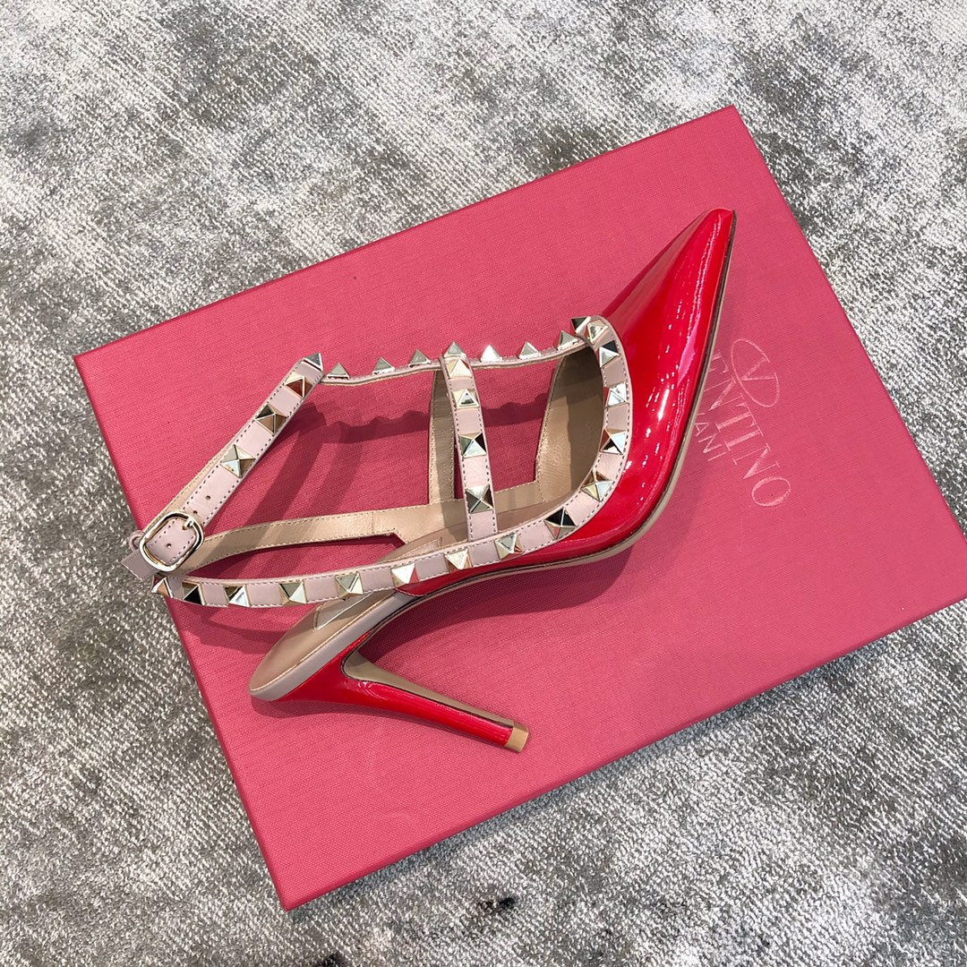 Valentino VT Collection Two Strap Mid Heel 10cm Patent Leather Red