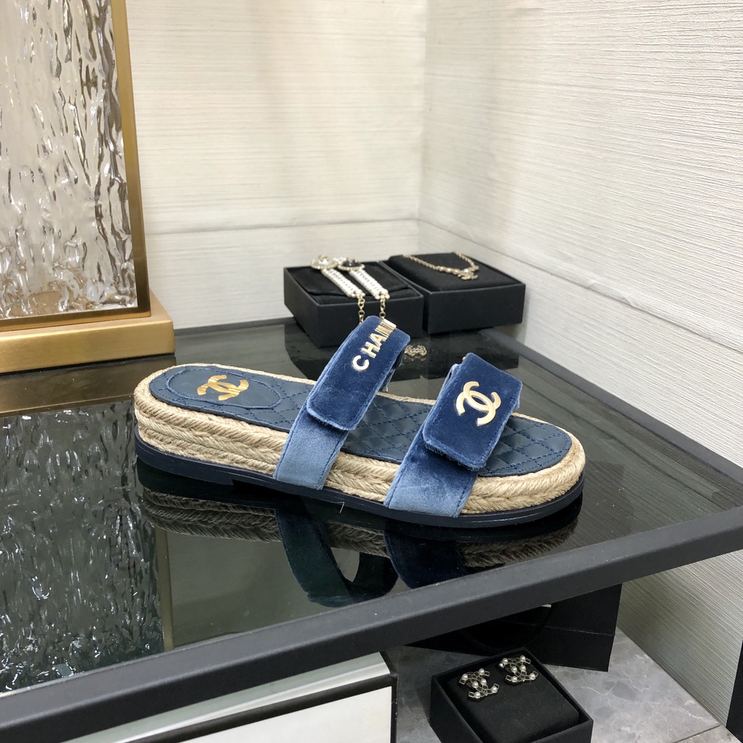 CHANEL 2023 spring and summer latest woven velcro slippers Italy imported multi-layer leather outsole
